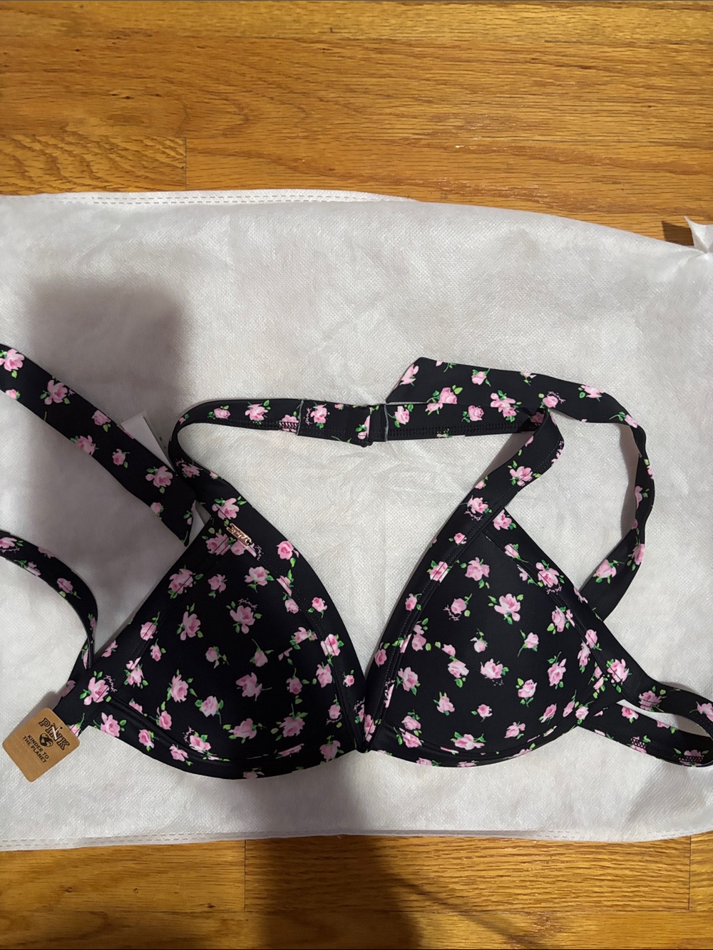 PINK Victoria's Secret Black Floral Push-Up Bra with Pink Roses (size : small )